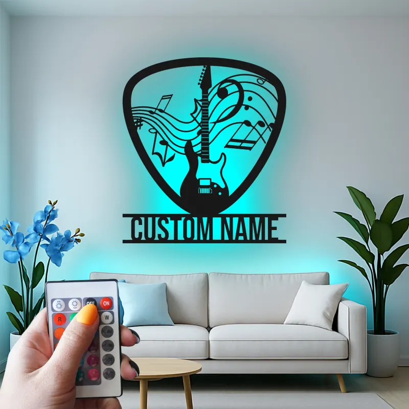 Cartel de metal personalizado de guitarra con LED | Regalo a medida para amantes de la música | Decoración mural para estudio y sala de grupo