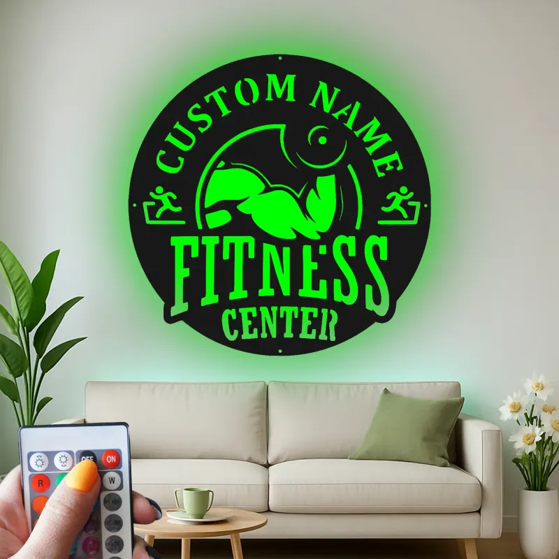 Panneau de salle de sport personnalisé | Décoration murale LED en métal pour centre de fitness | Cadeau de décor sur mesure pour propriétaire de salle