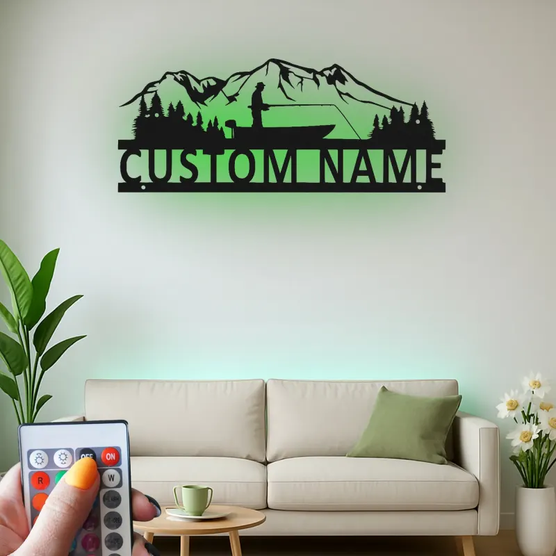 Décoration murale LED en métal pour pêcheur personnalisée | Plaque au prénom du pêcheur pour maison de lac | Cadeau pour amateur de plein air