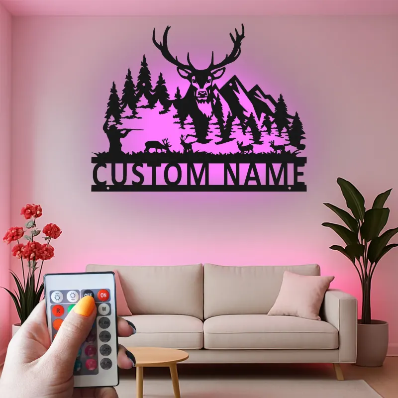 Custom Deer Hunter Led Light Metal Wall Art Personalized Gift for Hunters Rustic Cabin Decor 1
