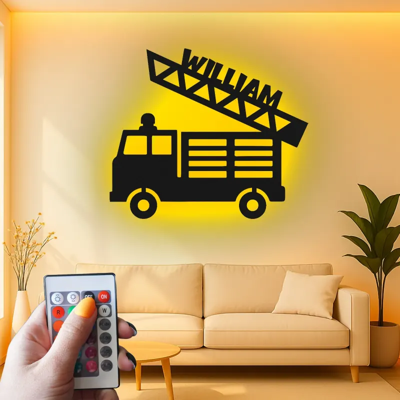 Personalized Fire Truck Name Sign | LED Metal Wall Art for Boys Room | Custom Kids Decor | Nursery Night Light