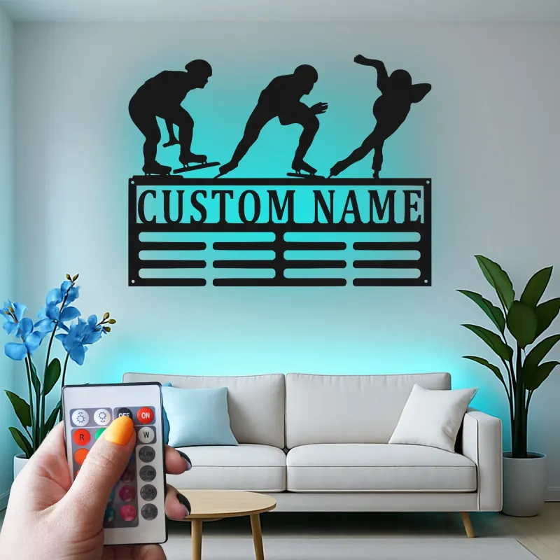 Individuelle LED Metall-Wandkunst für Eisschnelllauf | Personalisierte Silhouette eines Eiskunstläufers & Medaillenhalter | Geschenk für Sportler