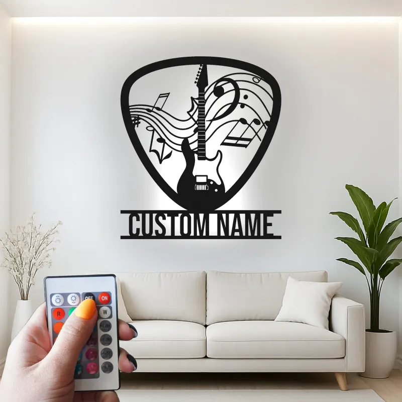 Cartel de metal personalizado de guitarra con LED | Regalo a medida para amantes de la música | Decoración mural para estudio y sala de grupo