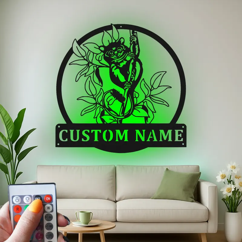 Insegna Nome Lemure Personalizzata | Arte in Metallo LED per Nursery a Tema Giungla | Decorazione Faunistica Personalizzata | Luce per Stanza Bambini Boho
