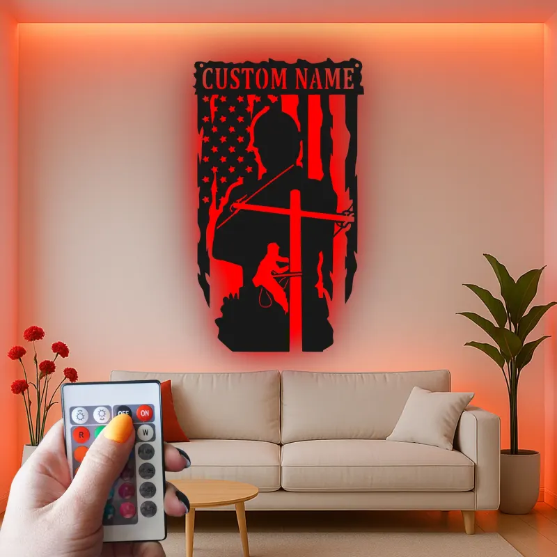Lineman American Flag LED Sign | Custom Metal Wall Art | Personalized Electrician Gift for Man Cave | Patriotic Home Decor