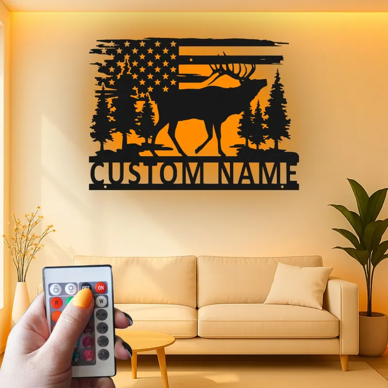 Insegna in metallo personalizzata con luce LED a forma di alce e bandiera americana, regalo per amanti della natura, decorazione per cabine rustiche