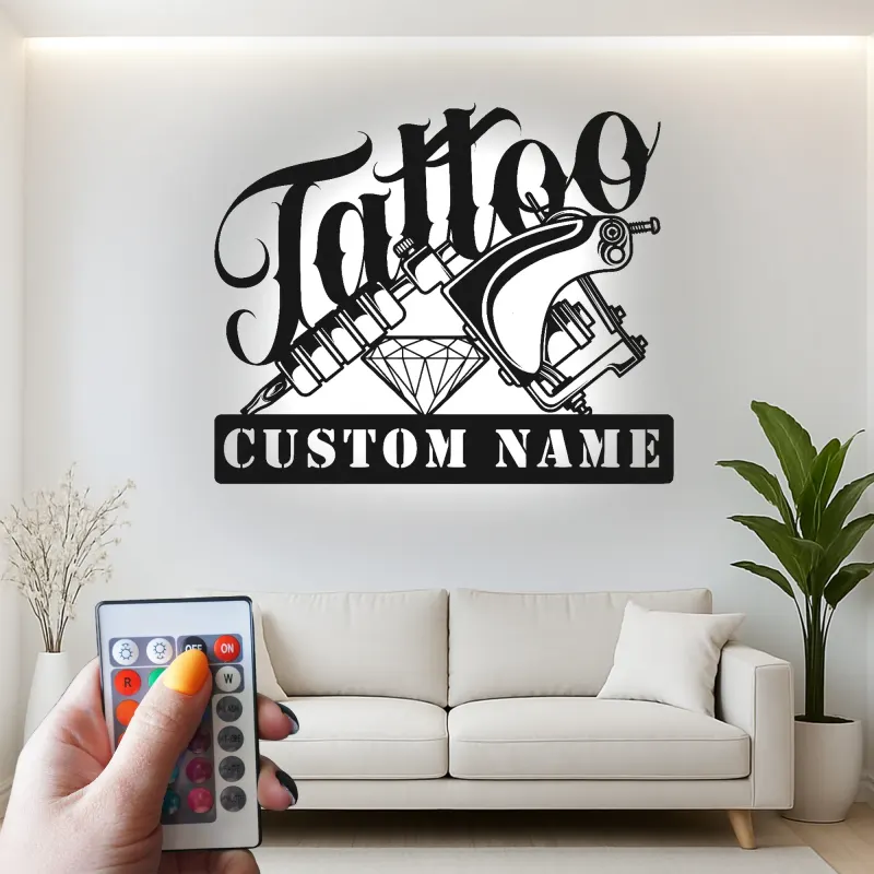 Cartel LED de máquina de tatuaje personalizado | Decoración mural de metal personalizada para estudio | Regalo para artista del tatuaje