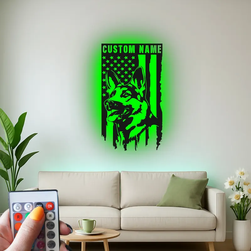 German Shepherd LED Sign | Custom Name Patriotic Metal Wall Art | K9 Dog Lover Gift for Him | USA Flag Home Decor