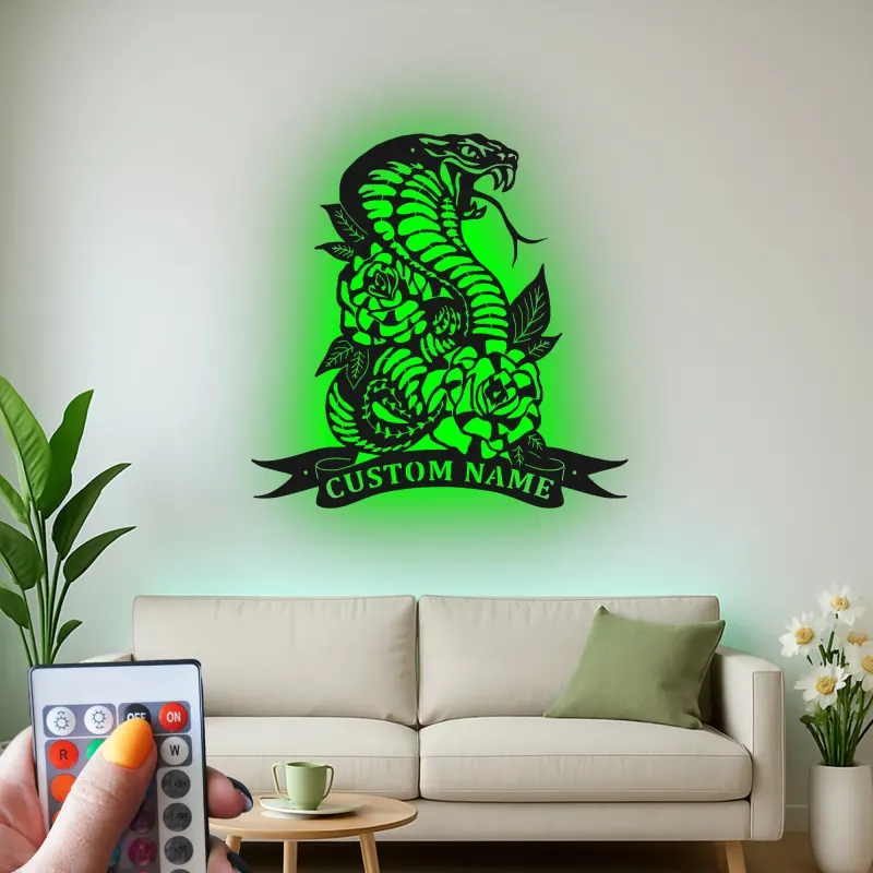 Custom Cobra Metal Sign | LED Snake & Roses Wall Art | Personalized Gothic Decor for Tattoo Studio or Man Cave