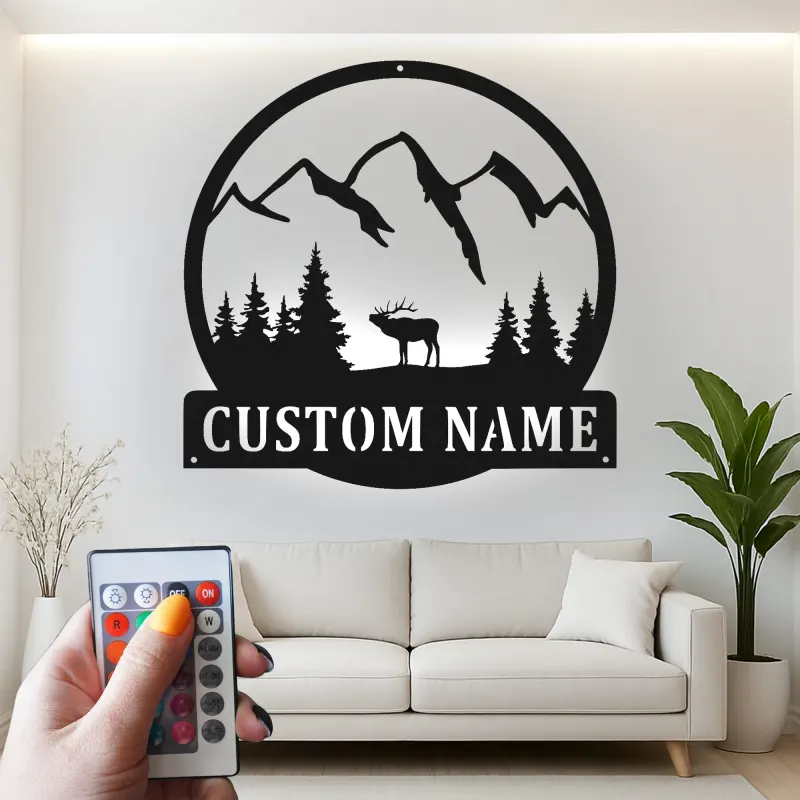 Cartel de metal LED de alce de montaña personalizado, regalo para amantes de la naturaleza, decoración de cabaña o refugio