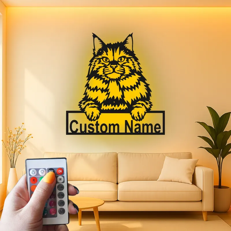 Cartel de metal personalizado de gato Maine Coon con luz LED regalo para amantes de mascotas decoración para salones