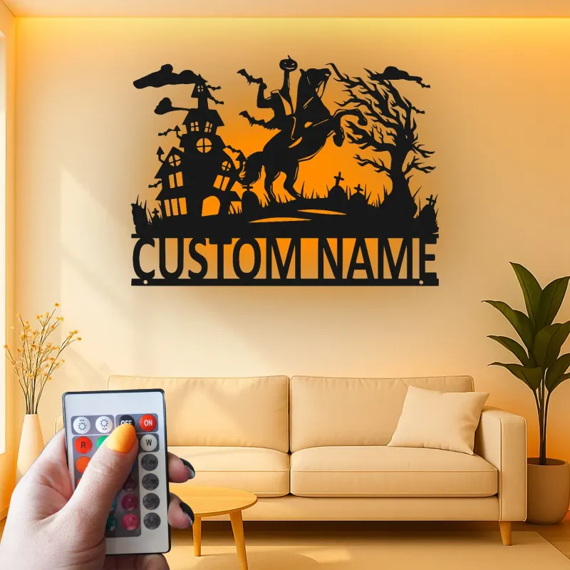 Headless Horseman Metal Sign with LED | Custom Halloween Decor | Personalized Spooky Wall Art for Home & Porch