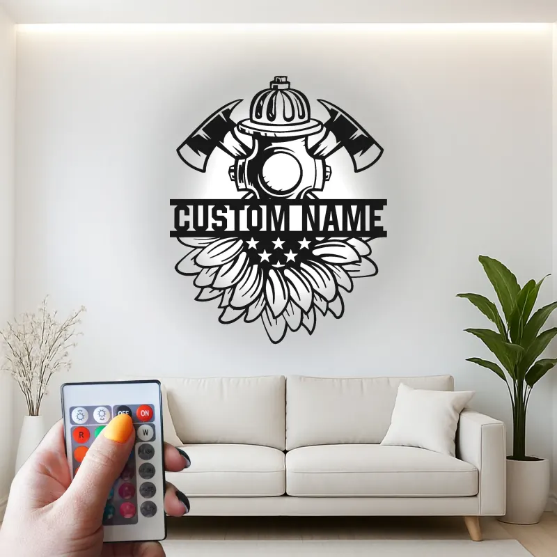 Custom Firefighter Metal Sign with LED | Personalized Fire Dept. Wall Art | Fireman Gift for Home or Station with Sunflower Decor