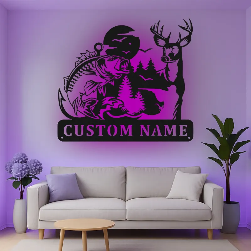 Cartel de metal LED personalizado de ciervo y pesca de lubina regalo para amantes del aire libre decoración de cabaña