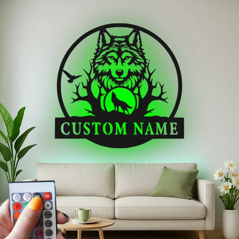 Cartel de metal LED de lobo personalizado regalo de vida salvaje para amantes de la naturaleza decoración de sala de estar rústica