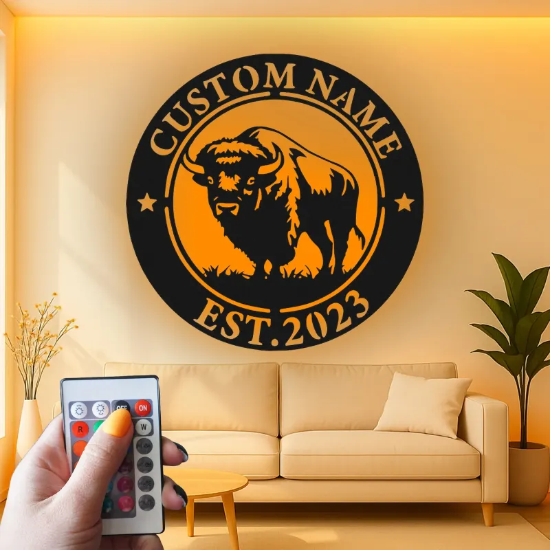 Insegna in metallo LED personalizzata con bufalo, regalo per ranch, decorazione rustica per soggiorno