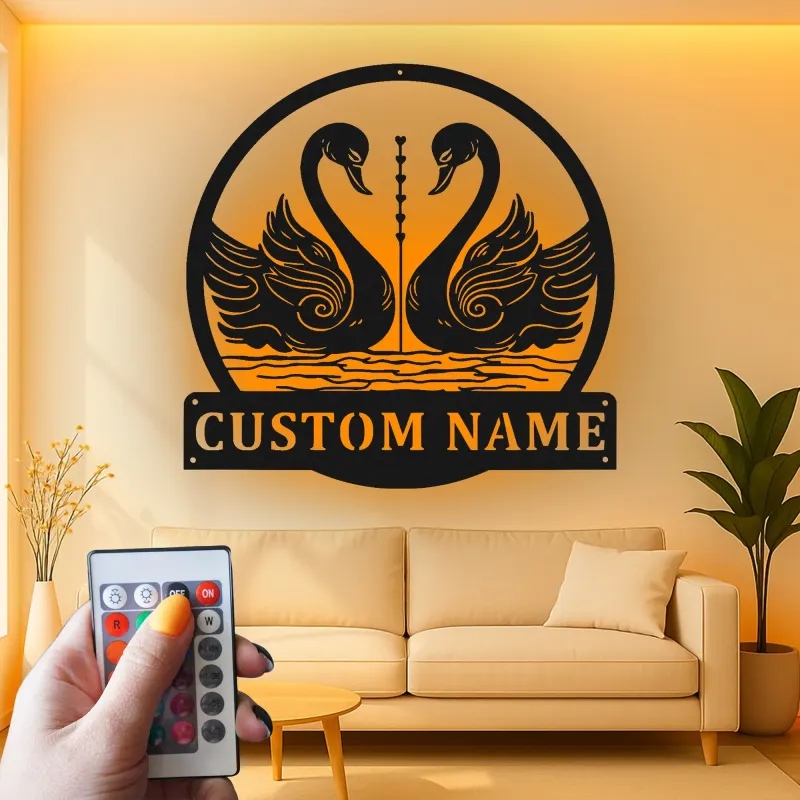 Cartel de metal personalizado con luz LED de pareja de cisnes, regalo romántico para parejas, decoración para dormitorio o salón