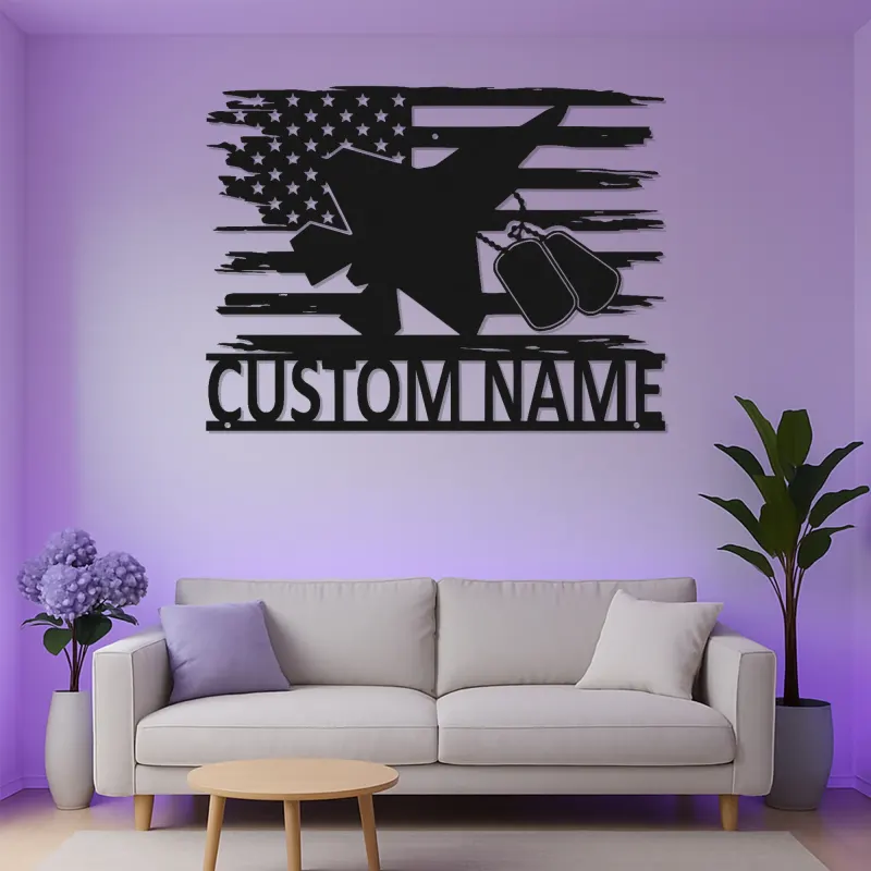 Insegna in metallo personalizzata per jet militare | Arte murale LED personalizzata | Regalo patriottico per veterani e decorazione con bandiera americana