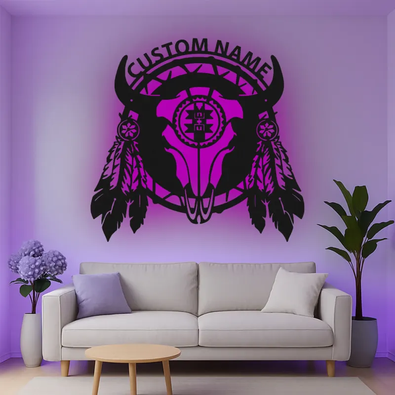 Cartel de metal LED personalizado de cráneo de búfalo, regalo occidental rústico para decoración del hogar en el salón