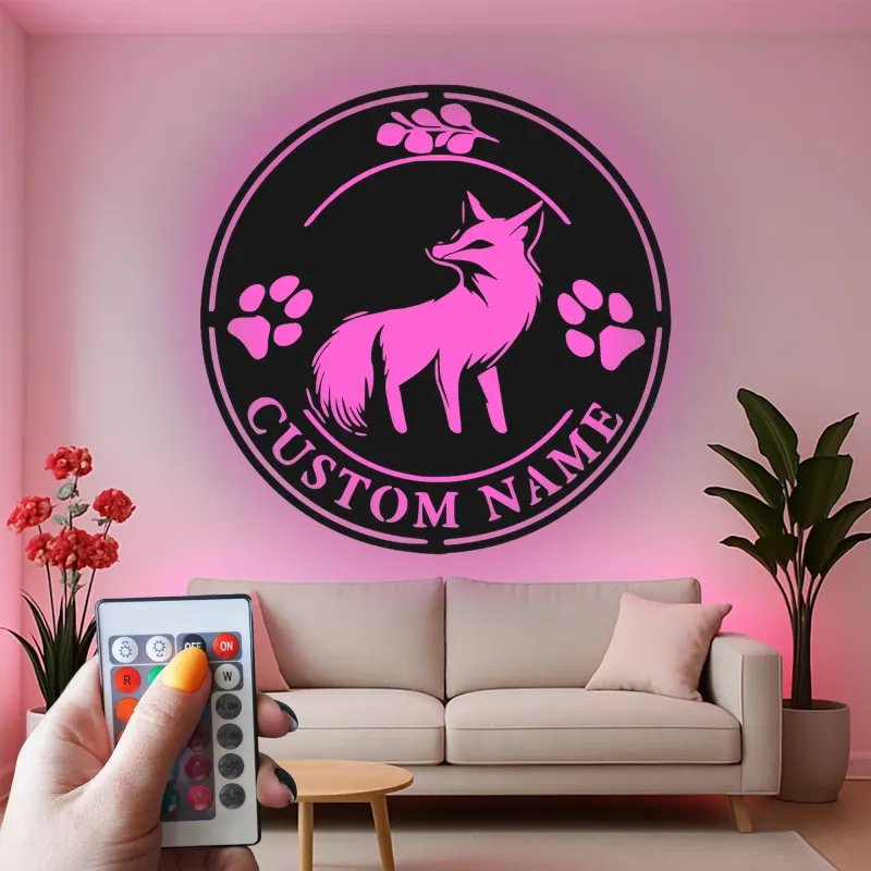 Insegna in metallo LED con volpe su misura | Decorazione murale personalizzata con fauna selvatica | Arredo rustico per casa e baita per amanti della natura