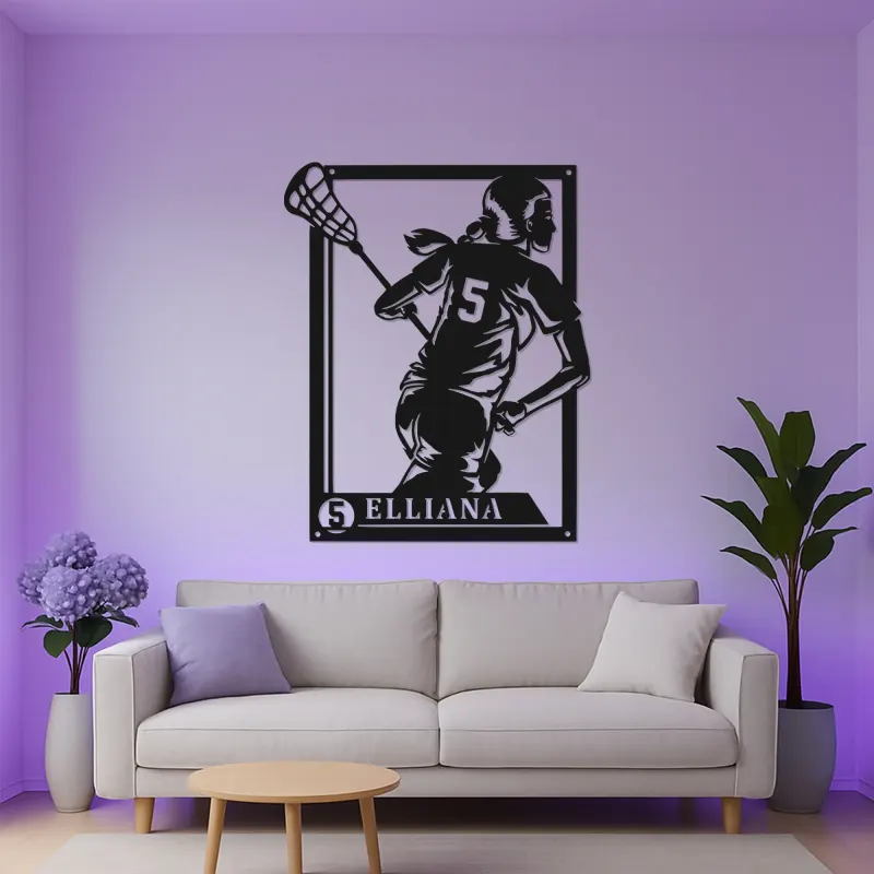 Insegna LED personalizzata per giocatrice di lacrosse | Arte murale in metallo su misura per cameretta ragazza | Regalo per atleta donna con nome e numero