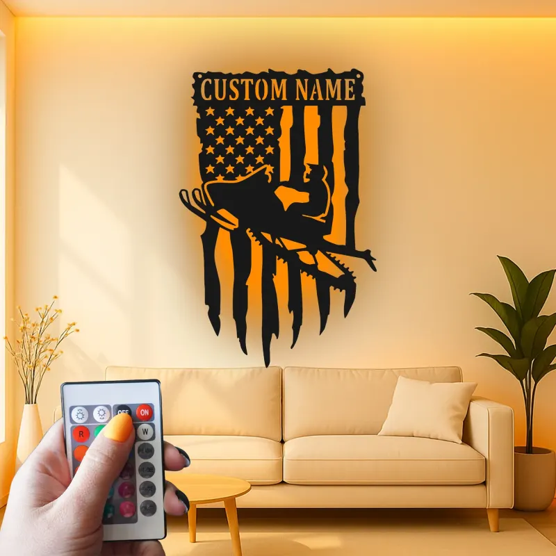 Cartel de metal personalizado de moto de nieve | Arte mural LED de bandera americana | Decoración de cueva de hombre personalizada y regalo patriótico para motorista