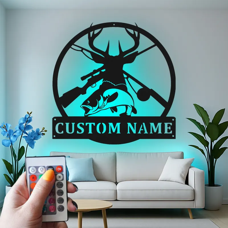 Custom Hunting and Fishing Led Light Metal Wall Art Personalized Gift for Outdoorsmen Man Cave Decor