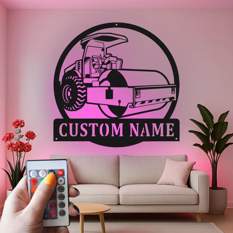 Enseigne de construction Rouleau de route | Décoration murale en métal LED personnalisée | Décor de machines lourdes pour garage ou bureau