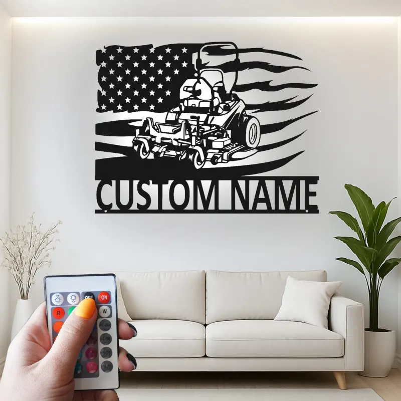 Cartel de Metal de Cortacésped | Decoración LED Personalizada para Paisajistas | Decoración de Bandera Americana con Nombre Personalizado | Regalo para Garaje y Jardín