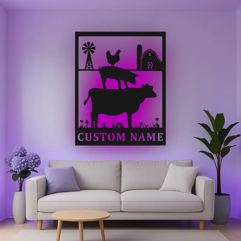 Cartel de metal LED personalizado con silueta de animales de granja, regalo de granja personalizado, decoración rústica de granero
