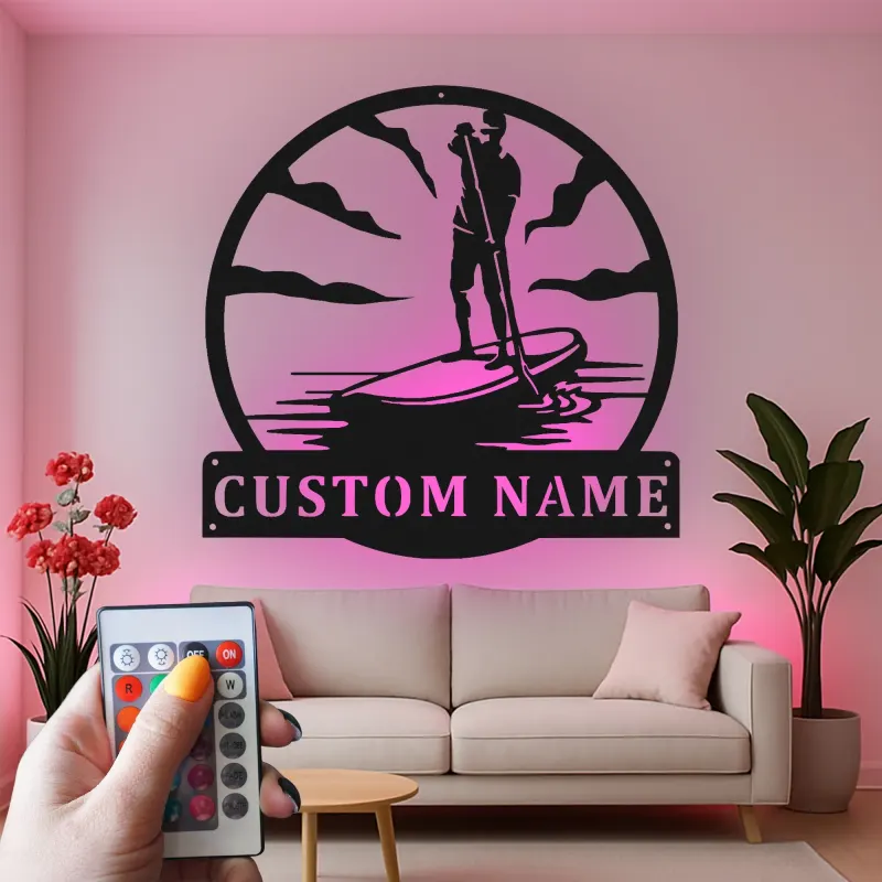 Insegna in metallo LED per Paddle Board | Insegna SUP personalizzata | Decorazione costiera su misura per casa al mare e casa al lago