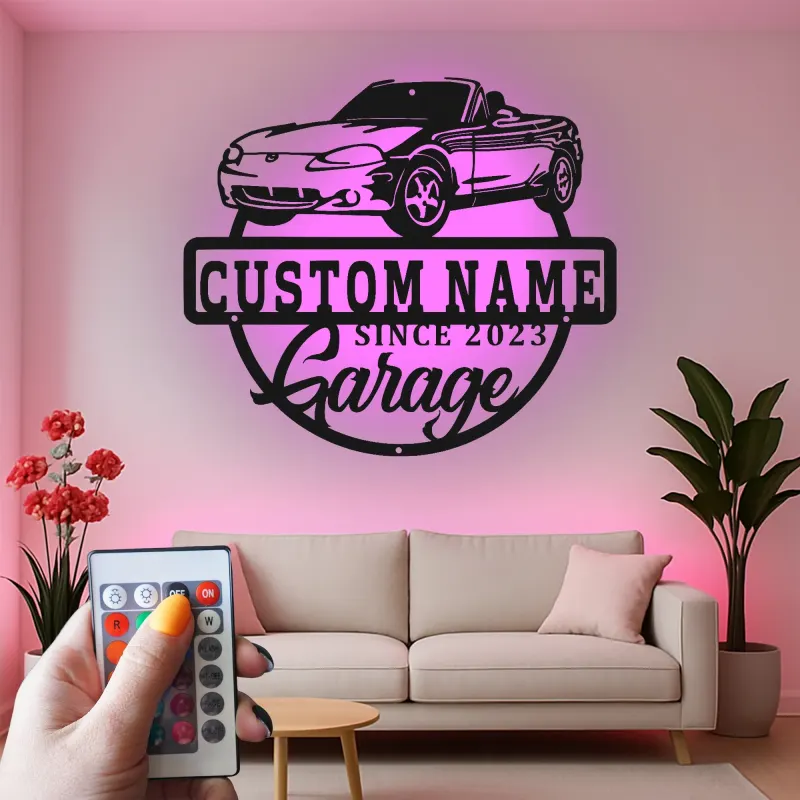 Décoration murale en métal personnalisée avec rétroéclairage LED pour voiture décapotable - Cadeau personnalisé pour les passionnés de voitures