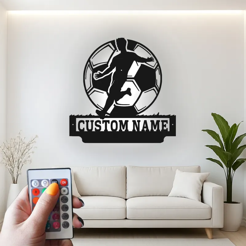 Cartel de Metal de Jugador de Fútbol Personalizado | Decoración Mural LED Personalizada | Decoración para Habitaciones de Atletas | Regalo de Fútbol con Nombre