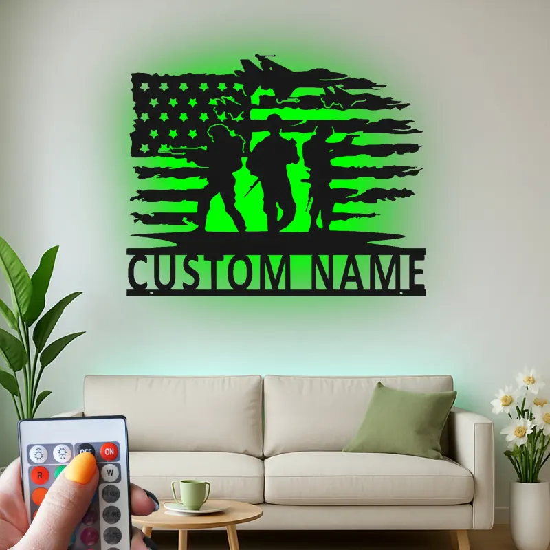Custom Soldier Flag Metal Sign | Patriotic LED Wall Art | Personalized Military Decor for Veteran Man Cave
