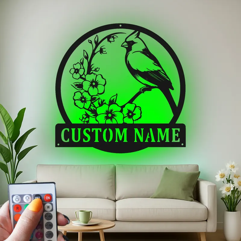 Custom Cardinal and Blossoms Led Light Metal Wall Art Personalized Nature Lover Gift Living Room or Garden Decor
