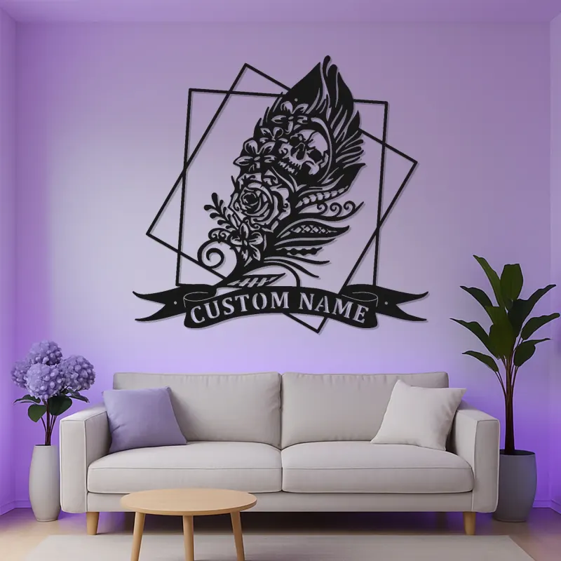 Décoration murale en métal LED crâne gothique | Décor personnalisé style tatouage | Panneau prénom sur mesure pour chambre ou studio