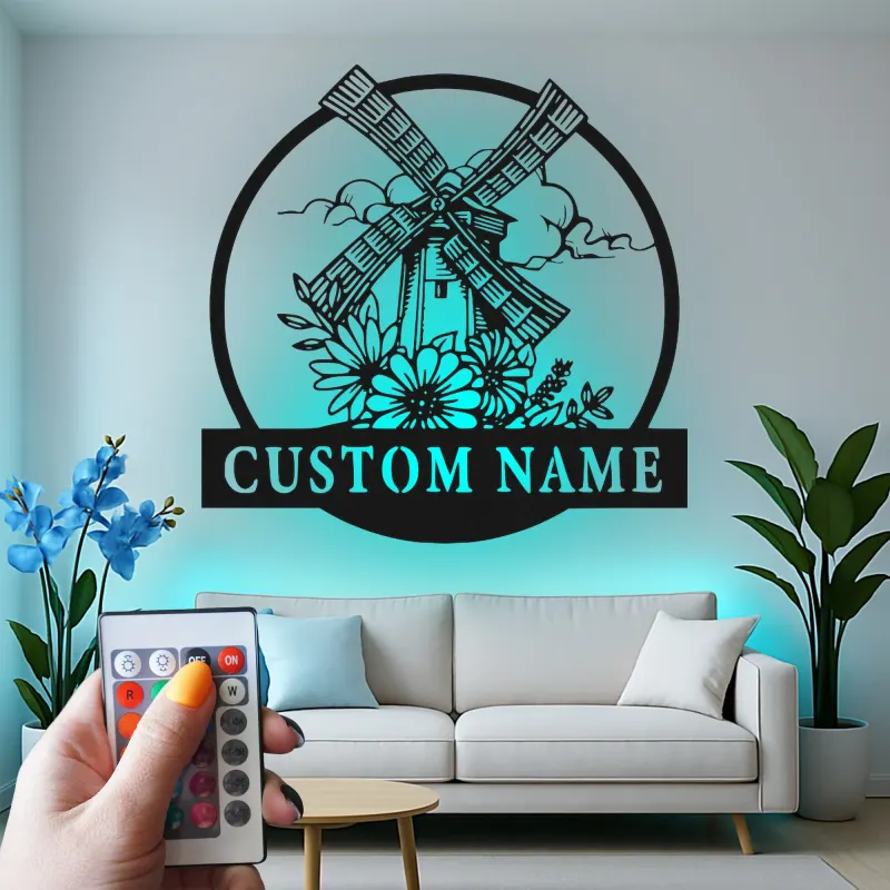 Personalisiertes LED-Metallschild mit Windmühlen-Motiv – Rustikales Geschenk für das Wohnzimmer