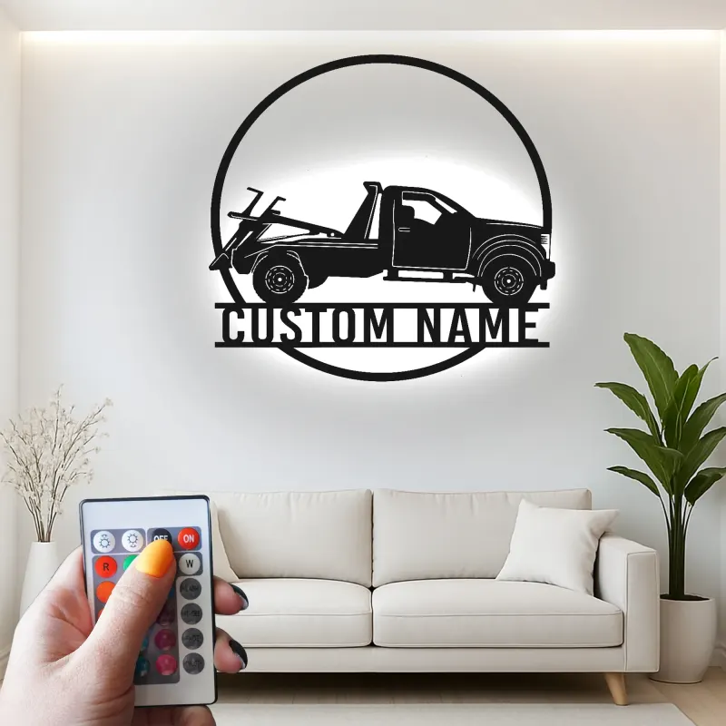 Panneau LED personnalisé pour dépanneuse | Décoration murale en métal pour garage | Cadeau décoratif pour mécanicien ou propriétaire d'entreprise