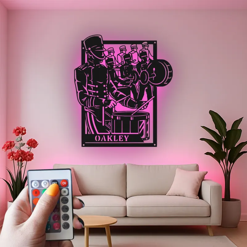 Insegna in metallo personalizzata per batteristi con LED | Insegna in metallo per banda musicale | Regalo per percussionisti e decorazione per sala band