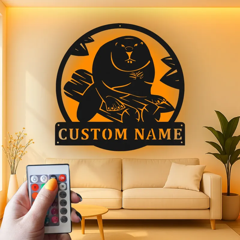 Personalisiertes LED-beleuchtetes Biber-Metallschild - Geschenk für Naturliebhaber, Hütten-Dekor