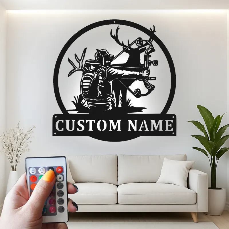 Cartel de metal personalizado con luz LED de cazador con arco, regalo personalizado para entusiastas de la arquería, decoración de man cave o cabaña