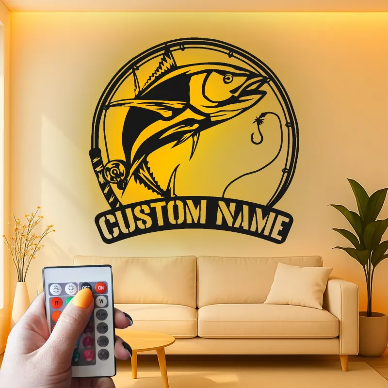 Insegna LED da pesca personalizzata | Insegna in metallo personalizzata | Decorazione con nome del pescatore per casa al lago e baita, idea regalo
