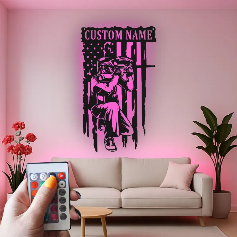 Panneau Personnalisé Joueur de Paintball | Décoration Murale en Métal Rétroéclairée avec Drapeau Américain | Décor de Salle de Jeu avec Nom Personnalisé | Cadeau pour Paintballeur