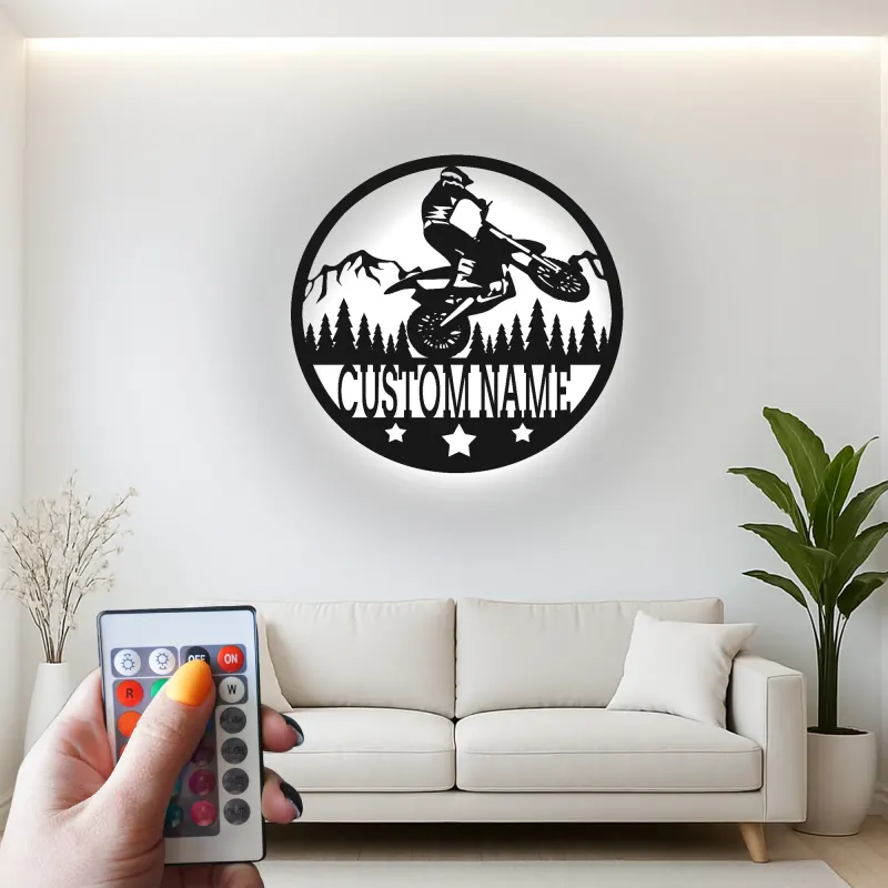 Custom Motocross Rider Led Light Metal Wall Art Personalized Gift for Dirt Bike Enthusiasts Garage or Man Cave Decor