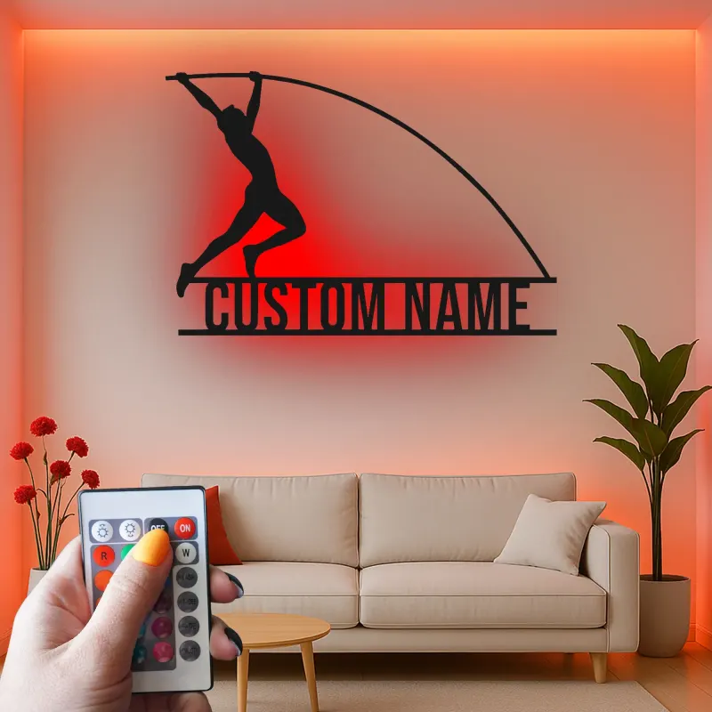 Letrero LED personalizado de salto con pértiga | Arte mural de metal de atletismo | Decoración de nombre personalizado para atletas | Regalo deportivo para entrenadores