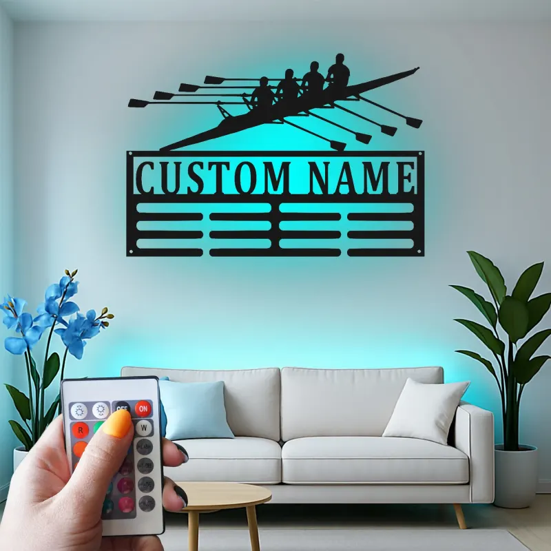 Personalisierte Ruder-Team-Schild | Individuelle Ruder-LED-Metall-Wandkunst | Geschenk für Trainer | Bootshaus- & Fitnessstudio-Dekor
