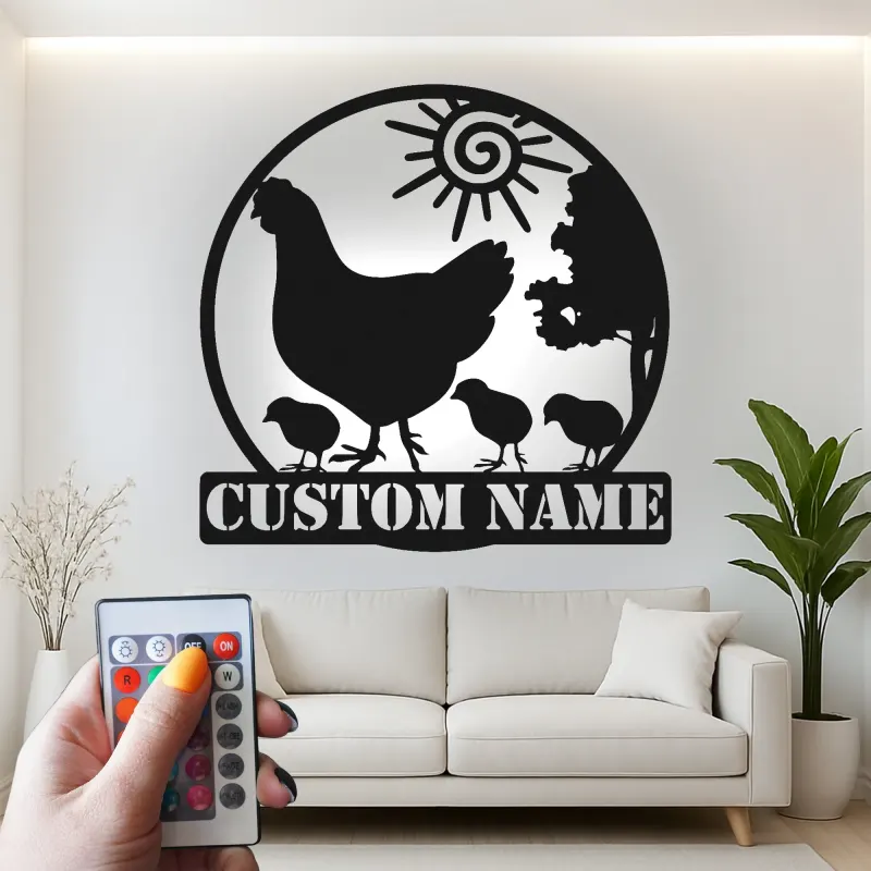 Insegna in metallo LED Famiglia Pollo Personalizzata Regalo per Casa Decorazione Cucina Rustica