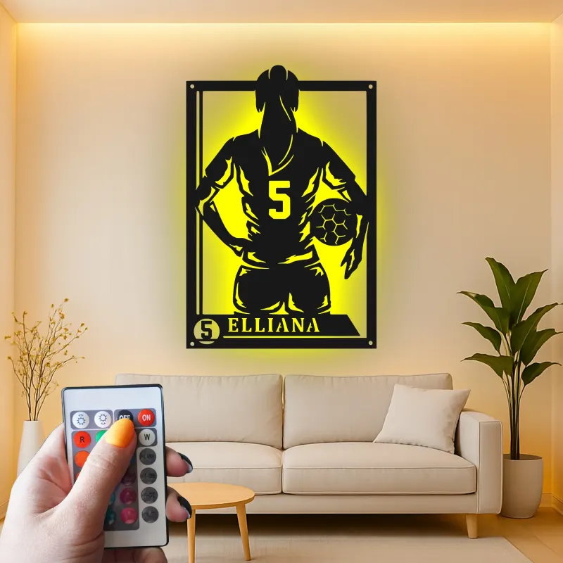 Cartel de metal personalizado con luz LED de jugador de fútbol, regalo personalizado para aficionados al fútbol, decoración para dormitorio deportivo