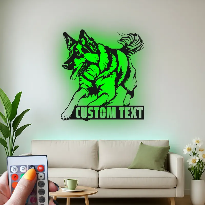 Arte da parete LED in metallo con Pastore Tedesco | Insegna personalizzata con nome del cane | Regalo commemorativo personalizzato per amanti dei cani