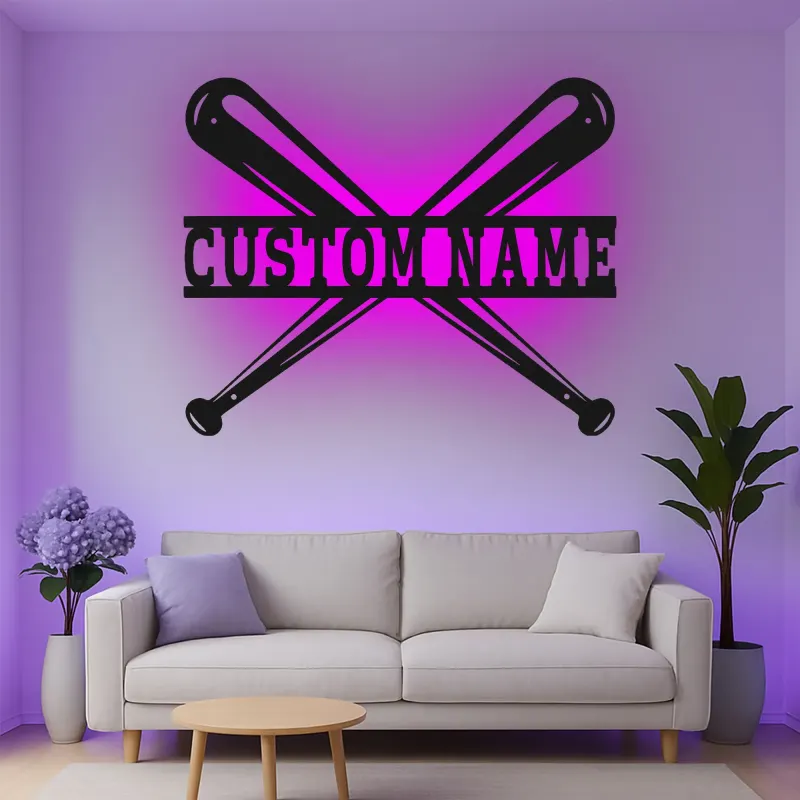 Insegna in metallo personalizzata con luce LED per mazze da baseball, regalo sportivo personalizzato per fan del baseball, decorazione per sala giochi